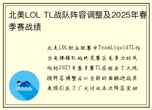 北美LOL TL战队阵容调整及2025年春季赛战绩